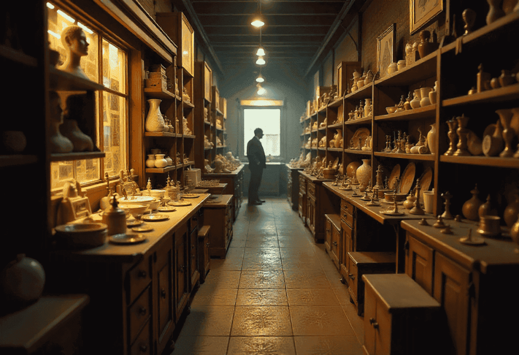 een lange gang met tweedehands spullen aan de zijkanten