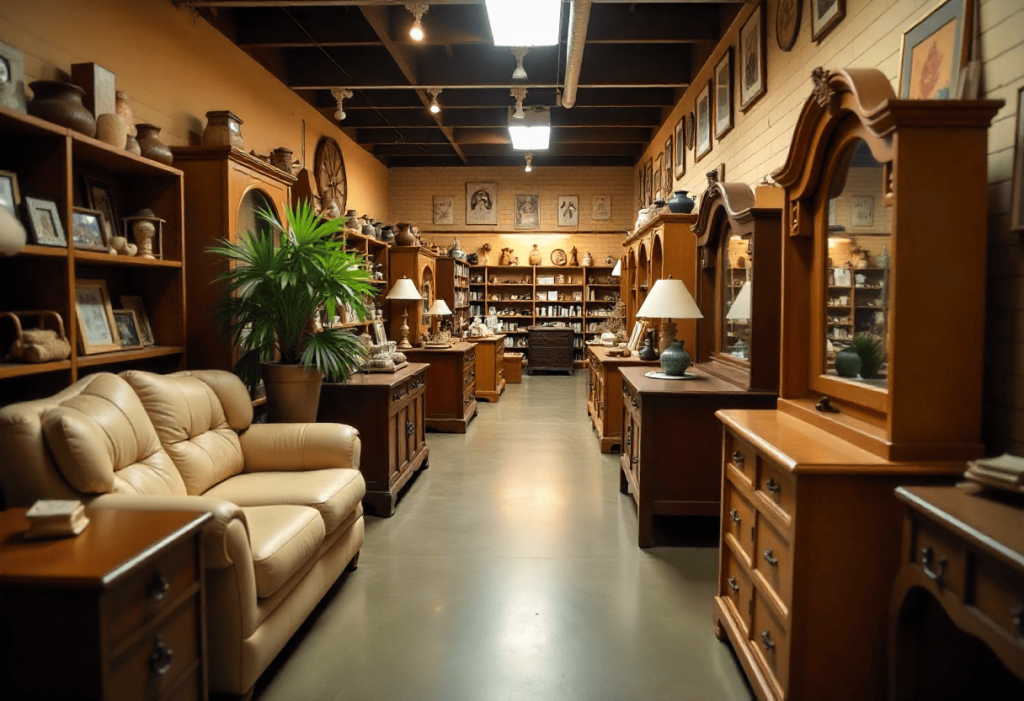 in een kringloop zie je de banken en spiegels samen met andere kleinere spullen.