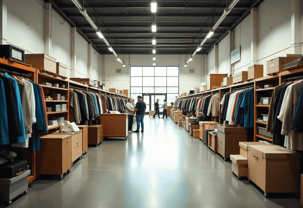 Een grote kringloopwinkel met brede gangen