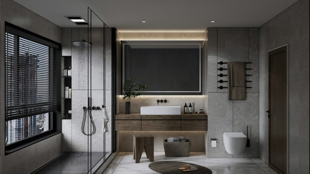 Moderne badkamer met betonlook, houten wastafelmeubel, inloopdouche en sfeervolle indirecte verlichting.
