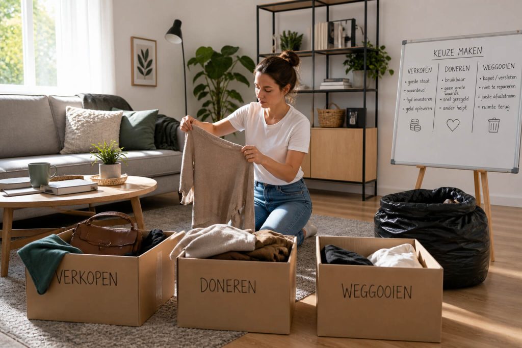 Spullen verkopen doneren of weggooien tijdens opruimen met gesorteerde dozen in woonkamer