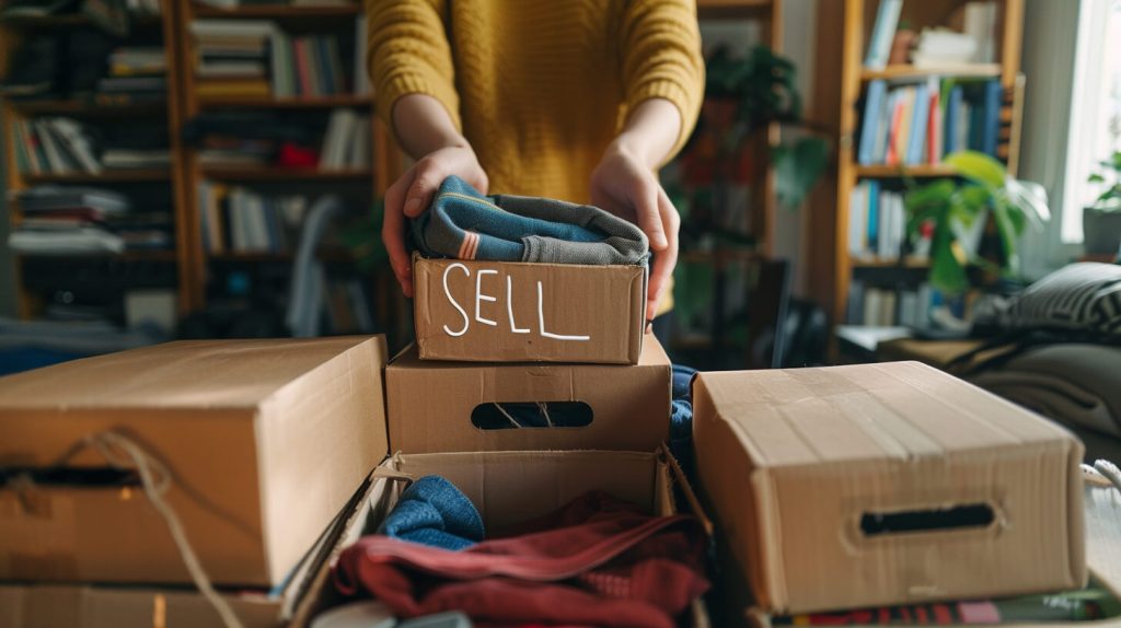 Spullen verkopen doneren met kleding in dozen klaar voor verkoop en sorteren thuis