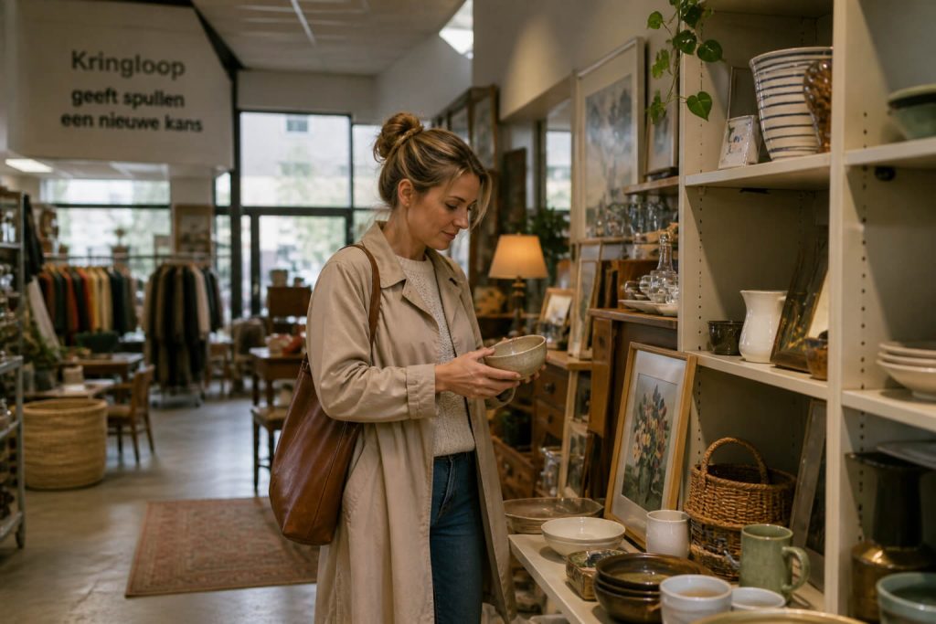 Spullen verkopen doneren in kringloopwinkel met herbruikbare items op schappen