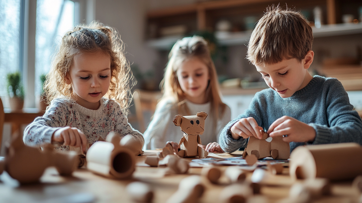 Kinderen knutselen aan tafel met hergebruikte materialen zoals karton en wc-rollen.