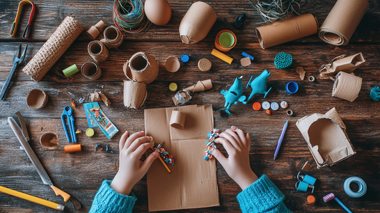Kinderhanden knutselen met karton, wc-rollen en andere hergebruikte materialen.