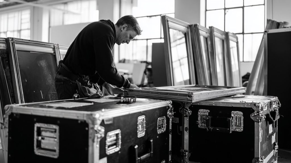 Medewerker sorteert herbruikbare beursmaterialen voor duurzaam presenteren en efficiënt transport.