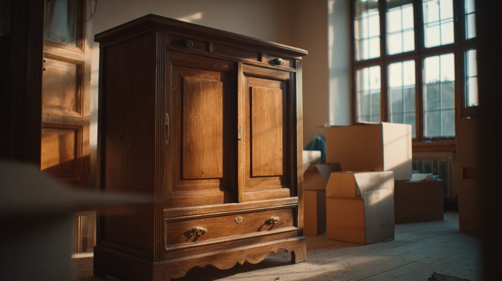Duurzaam verhuizen met een houten kast die wordt behouden voor hergebruik in een nieuwe woning