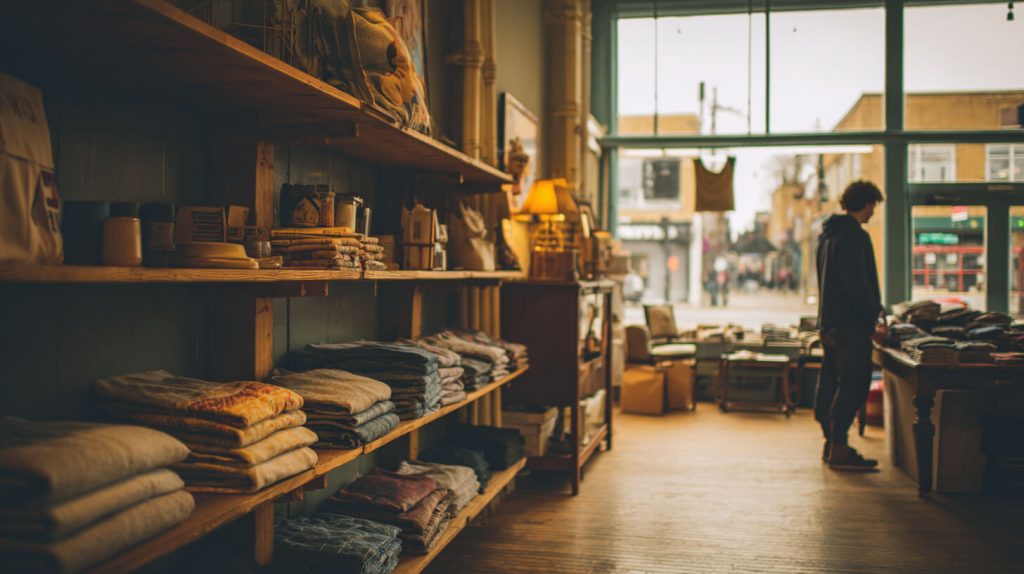 Sfeervolle kringloopwinkel met opgevouwen tweedehands kleding op houten planken en een bezoeker die rondkijkt