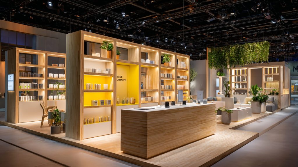Moderne beursstand met herbruikbare materialen en natuurlijke afwerking voor duurzaam presenteren.