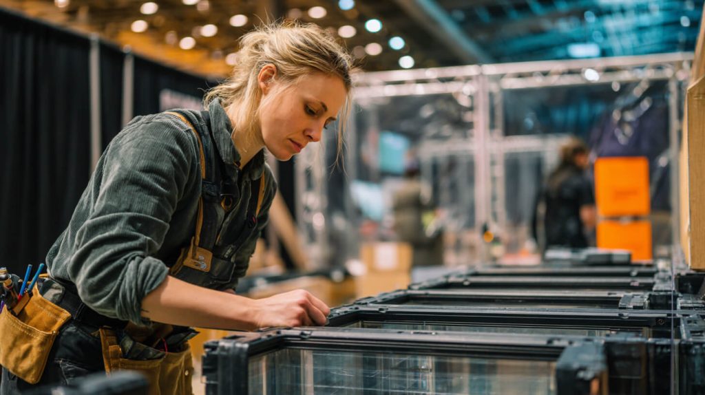 Opbouw van modulaire beursonderdelen als voorbereiding op duurzaam presenteren tijdens evenementen.