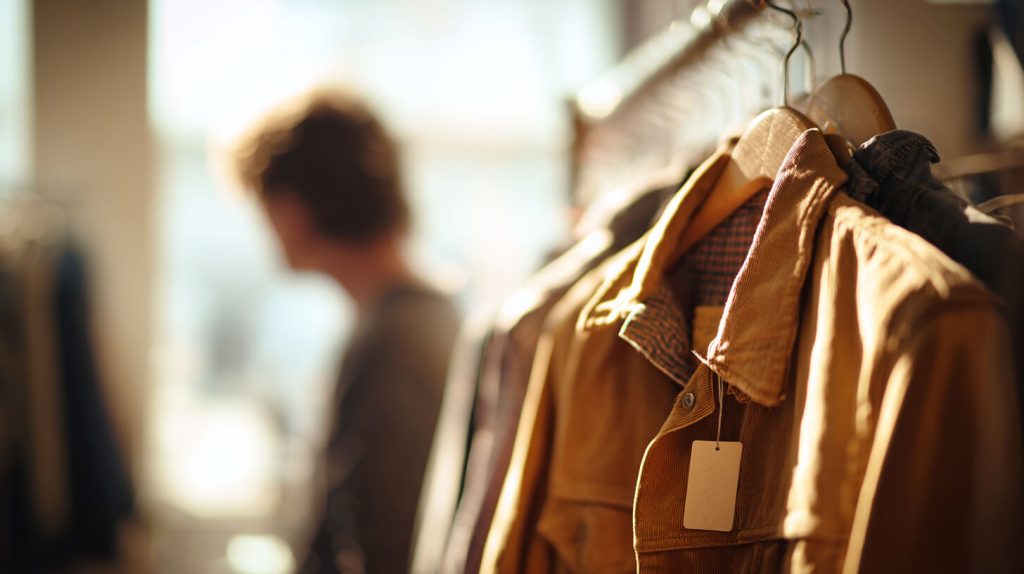 Close-up van een tweedehands jasje met prijskaartje aan een kledingrek in een winkel