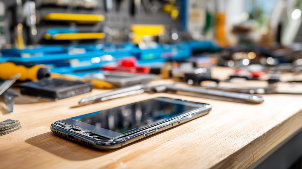 Smartphone op een werkbank tijdens herstelwerkzaamheden voor refurbished telefoons en hergebruik van onderdelen.