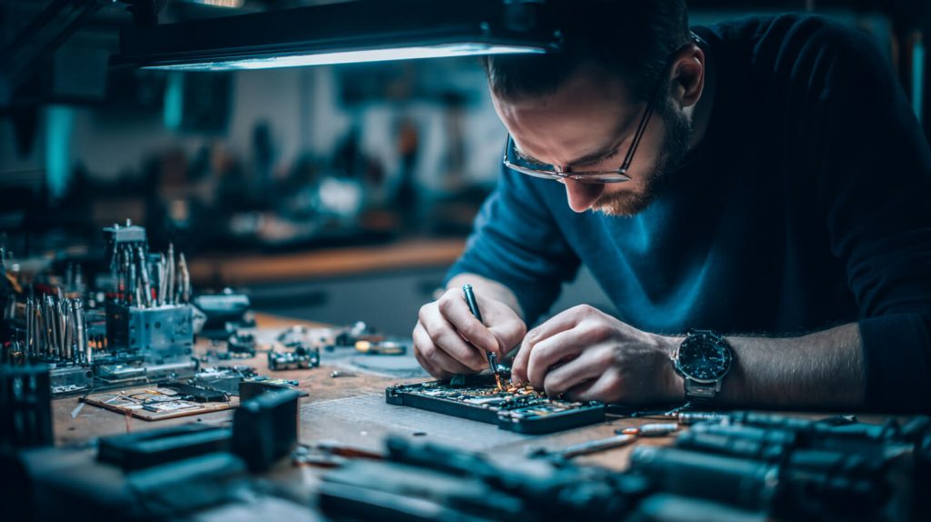 Technicus voert reparaties uit aan een smartphone als onderdeel van het proces voor refurbished telefoons.