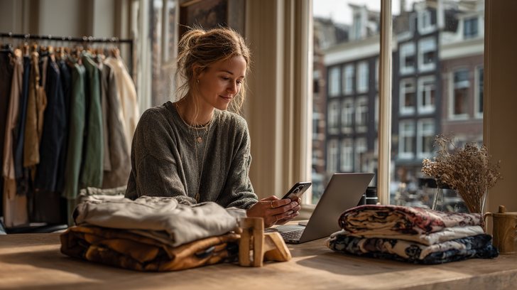 Vrouw verkoopt tweedehands kleding online om extra inkomsten te verdienen.