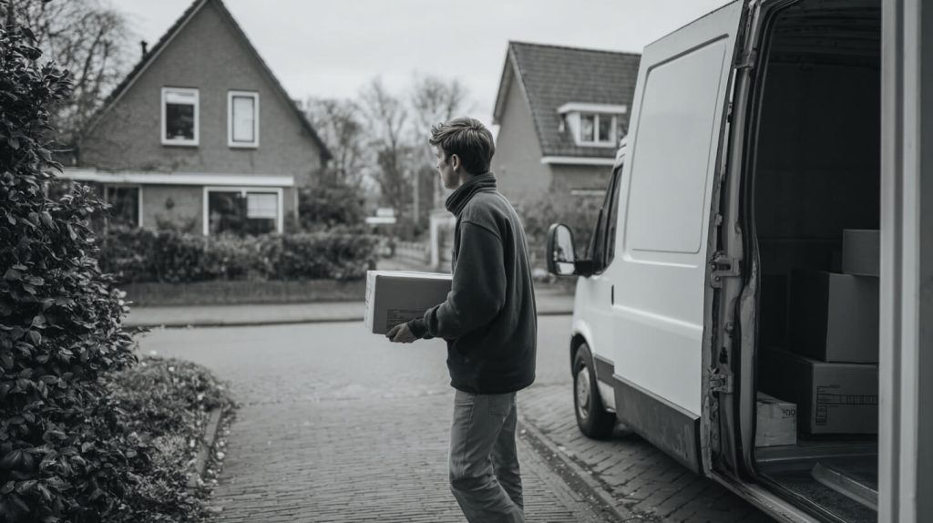 Man draagt een verhuisdoos naar een openstaande bestelbus tijdens het ophalen van spullen op straat