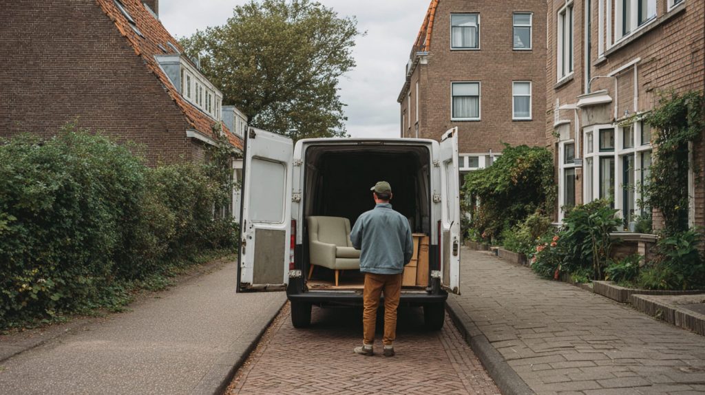 Chauffeur zet een fauteuil en kastje in een geopende bestelwagen tussen twee woonhuizen