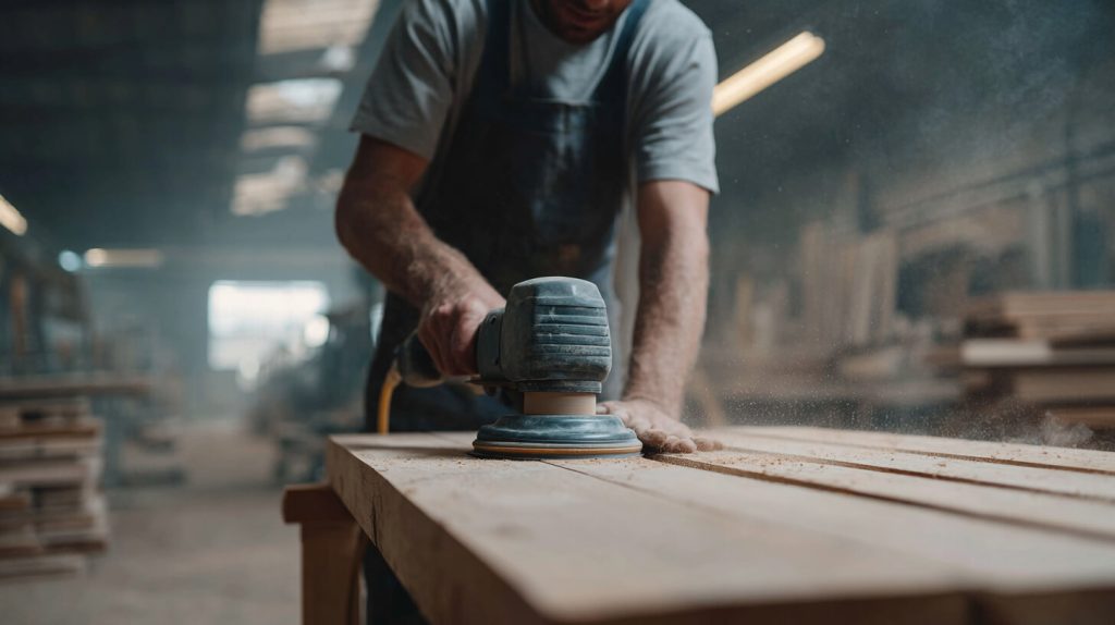 Vakman schuurt een hergebruikte houten plank op een werkbank in een timmerwerkplaats, met opstuivend houtstof