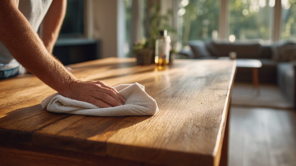 Iemand poetst een houten tafel met een doek, met een flesje olie op de achtergrond, als onderdeel van regelmatig meubelonderhoud