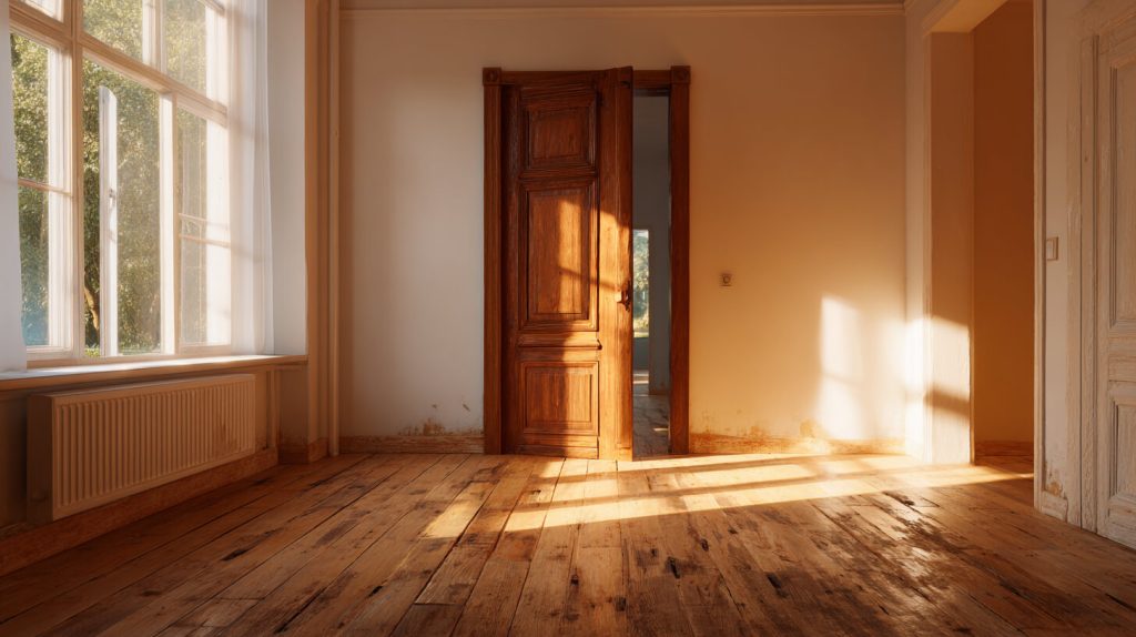 Lichte kamer met hergebruikte houten vloerdelen en een opgeknapte antieke houten deur die zonlicht doorlaat