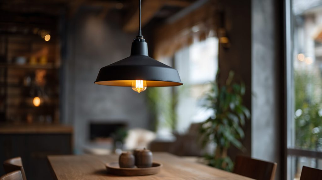 Zwarte industriële hanglamp boven een houten eettafel, met warm gloeiend peertje in een sfeervol interieur