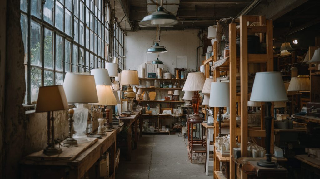 Uitgebreid assortiment tweedehands lampen en kappen uitgestald in een kringloopwinkel met houten schappen