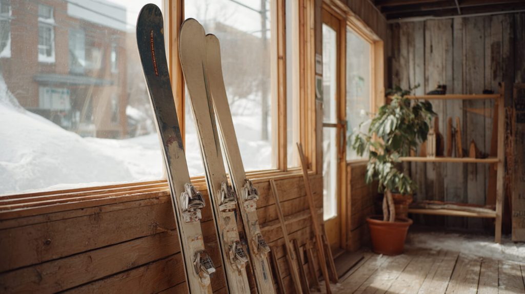 Tweedehands ski's met bindingen staan startklaar bij het raam in de sneeuw