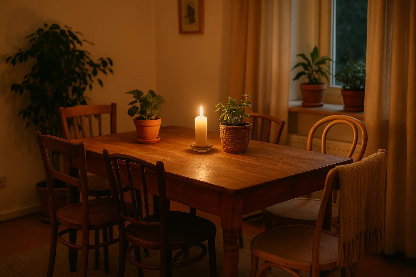 Gezellige eethoek inrichten: houten tafel, stoelen, kaarsen, planten