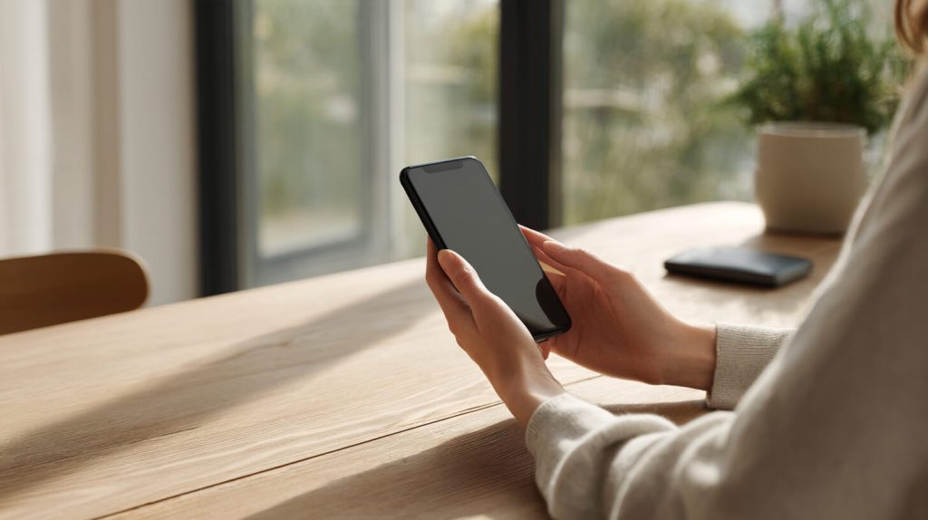 Iemand bekijkt een refurbished smartphone met leeg scherm aan een houten bureau bij een raam