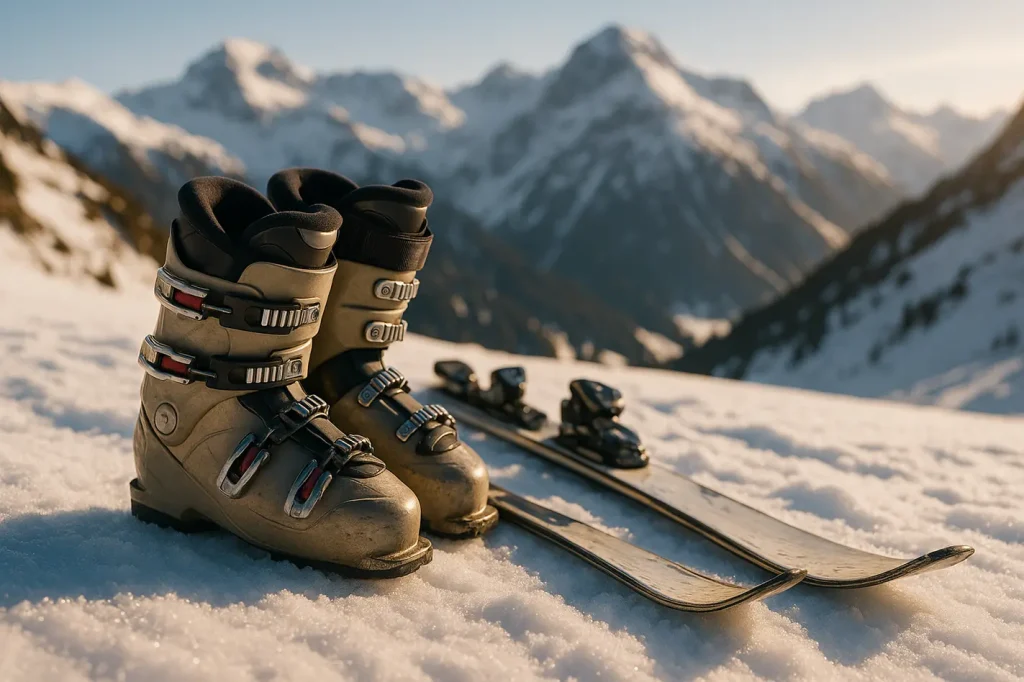 Tweedehands skischoenen en ski's op sneeuw met berglandschap