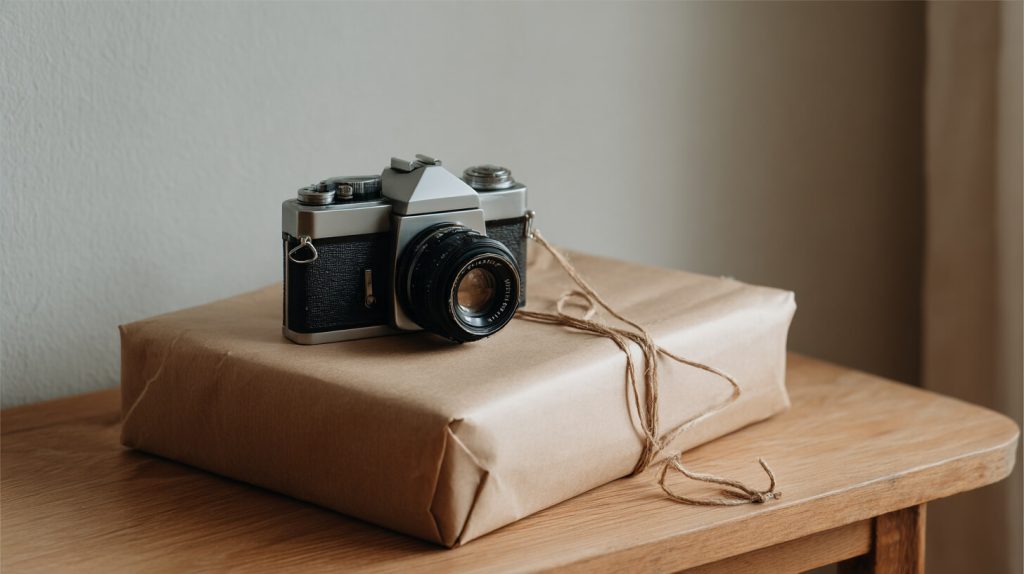 Vintage tweedehands camera met draagriem, klaar als cadeau verpakt in kraftpapier met touw op een houten tafel