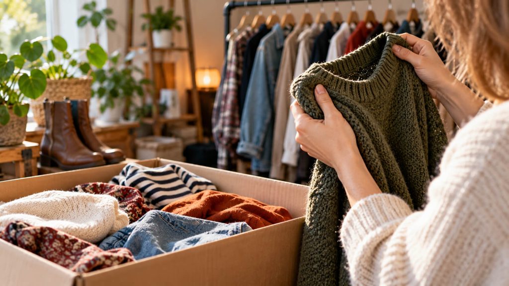 Vrouw bekijkt een gebreide olijfgroene trui boven een doos met kringloopkleding, met een kledingrek op de achtergrond
