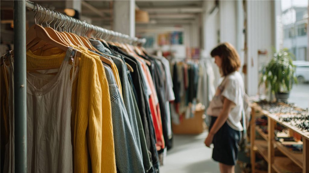 Vrouw bladert door kleding aan een rek in een lichte kringloopwinkel met houten schappen vol kleine spullen