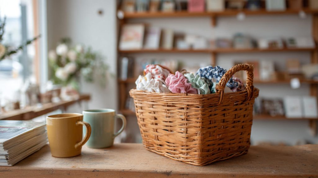 Rieten mand vol gekleurde stoffen scrunchies op een houten tafel in een tweedehands winkel