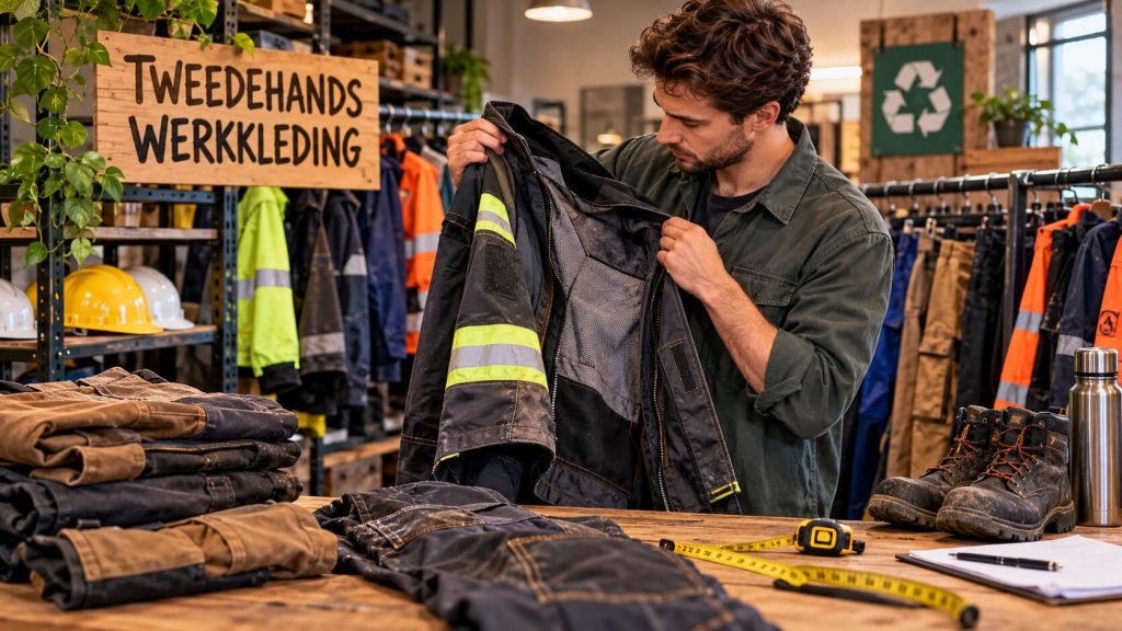 Man bekijkt in een kringloopwinkel een ingedragen werkjas met reflecterende strepen naast stapels werkbroeken