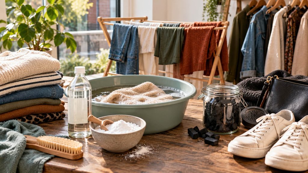 Teil met een trui in de week, fles azijn, kom baking soda en pot houtskool op een houten tafel naast een droogrek