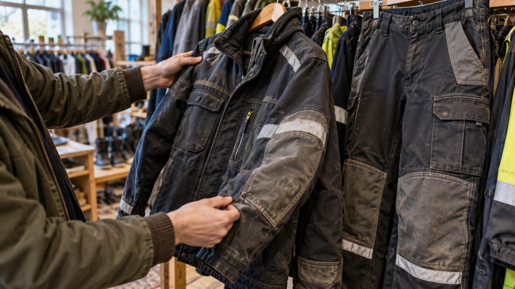 Handen controleren de mouw van een gedragen werkjas met reflecterende banden naast een werkbroek met kniestukken