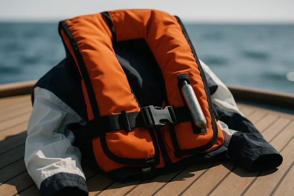 Tweedehands reddingsvest met CO2-patroon op bootdek in zonlicht