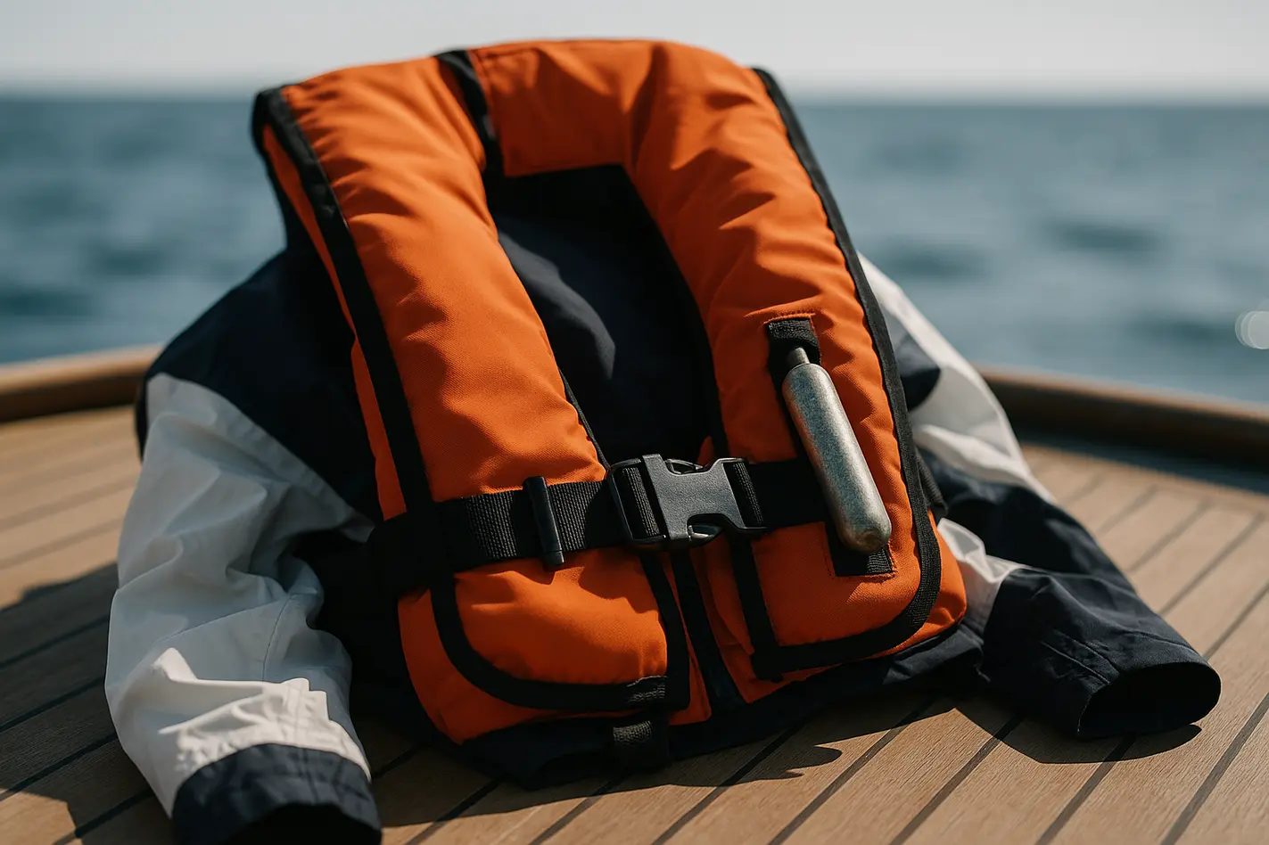 Tweedehands reddingsvest met CO2-patroon op bootdek in zonlicht