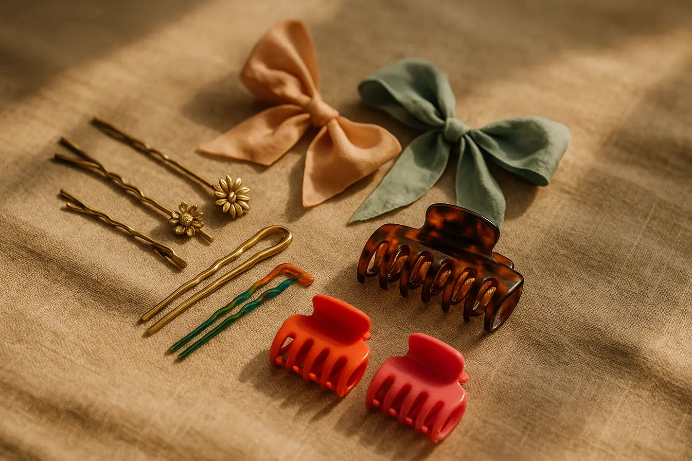 Vintage haaraccessoires uit verschillende decennia op linnenstof